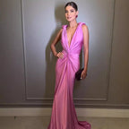 Vestido de baile de cor sólida sem mangas com decote em V profundo