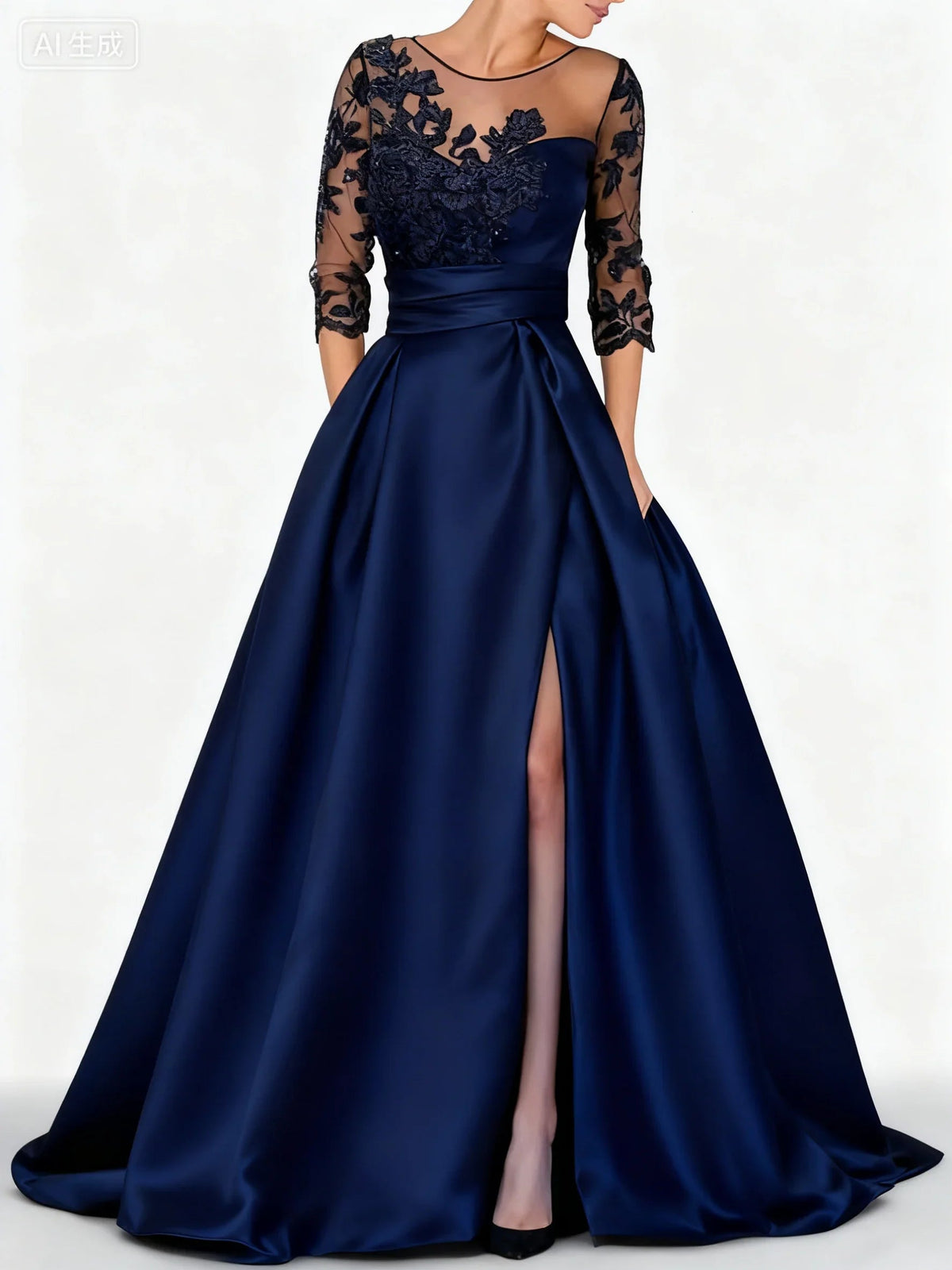 Vestido formal elegante em cetim preto bordado