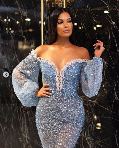 Primavera verão roupa de mulher vestido casual elegante dourado decote em v transparente vestido de noite rabo de peixe