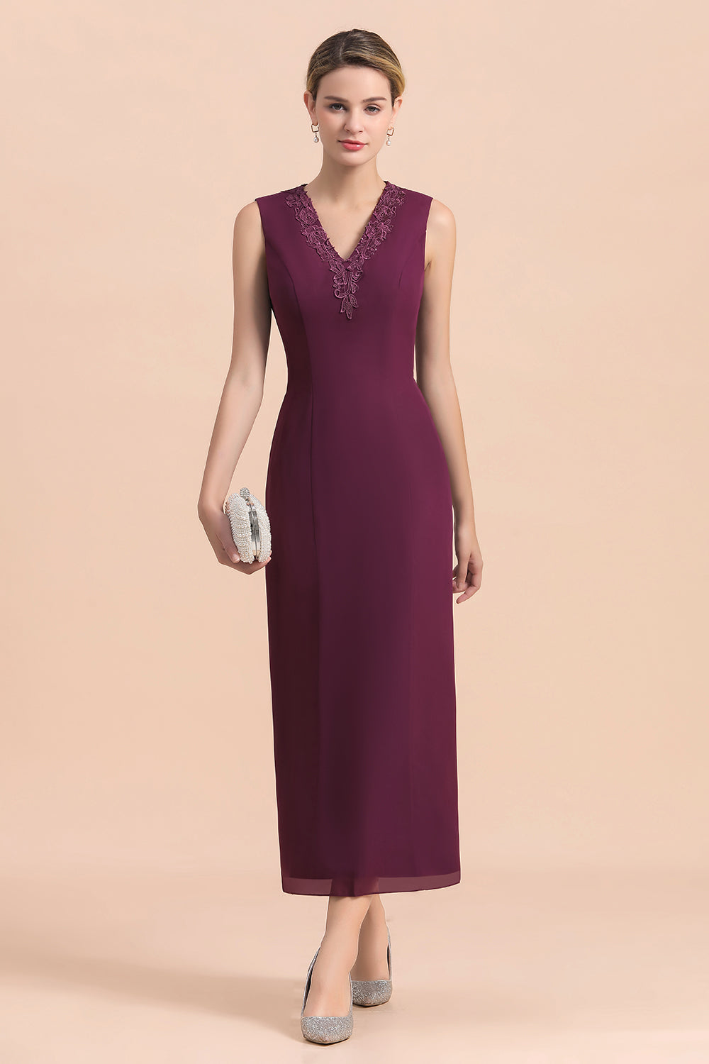 BMbridal Elegant V-Neck SLeeveless Apppliques Grape Mother of Bride Dress with Wraps