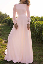 Tulle Bateau Long Sleeves Boho Wedding Dress Open Back A Line