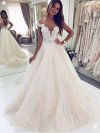 Gorgeous A Line Tulle Open Back Long Wedding Dress With Off The Shoulder