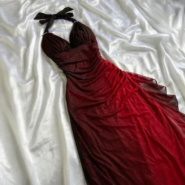 Sexy Neckholder Kleid mit Farbverlauf in Rot, V-Ausschnitt, langer Chiffon-Abendkleid für Ball und Fest Y7485