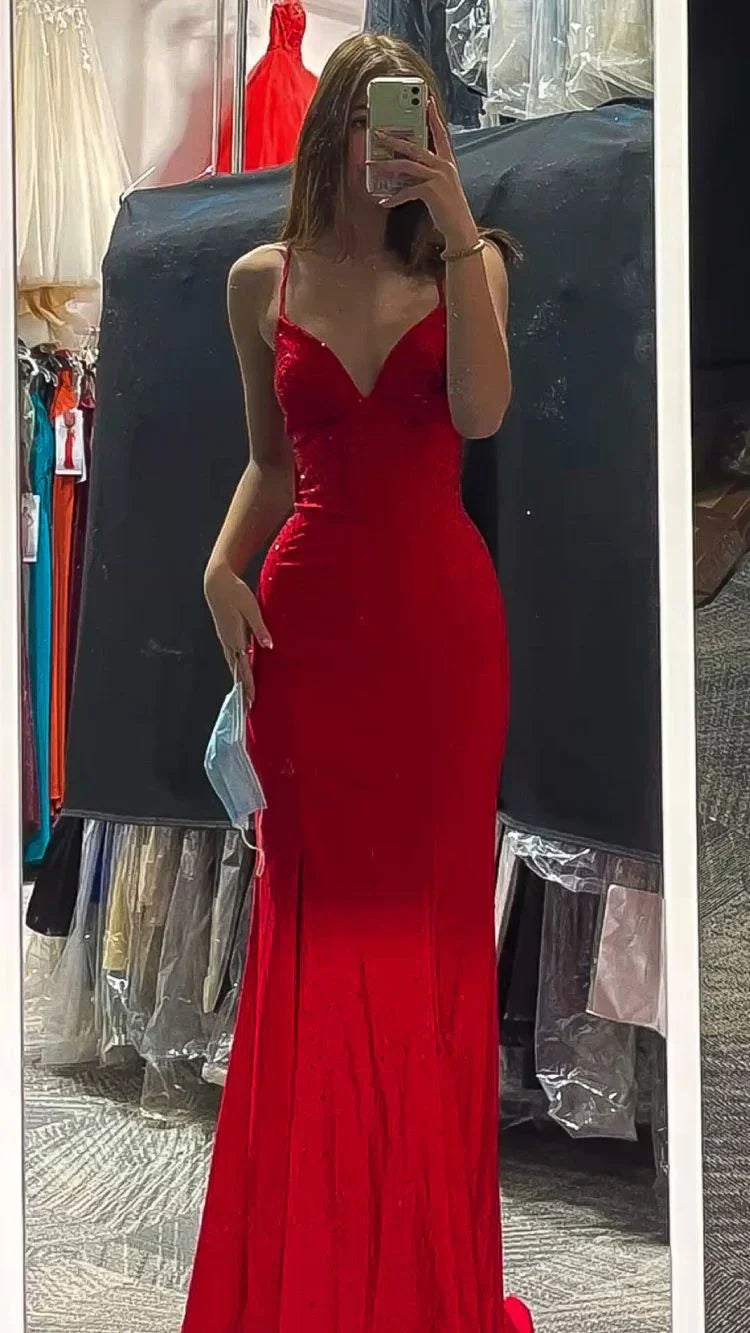 Robe de bal longue rouge élégante sirène col en V robe de soirée Y422