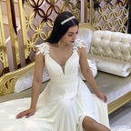 Vintage Split Long A Line V Neck Lace Chiffon Wedding Dress