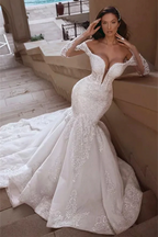 Off the Shoulder Beaded Mermaid Wedding Dress with Lace Appliques