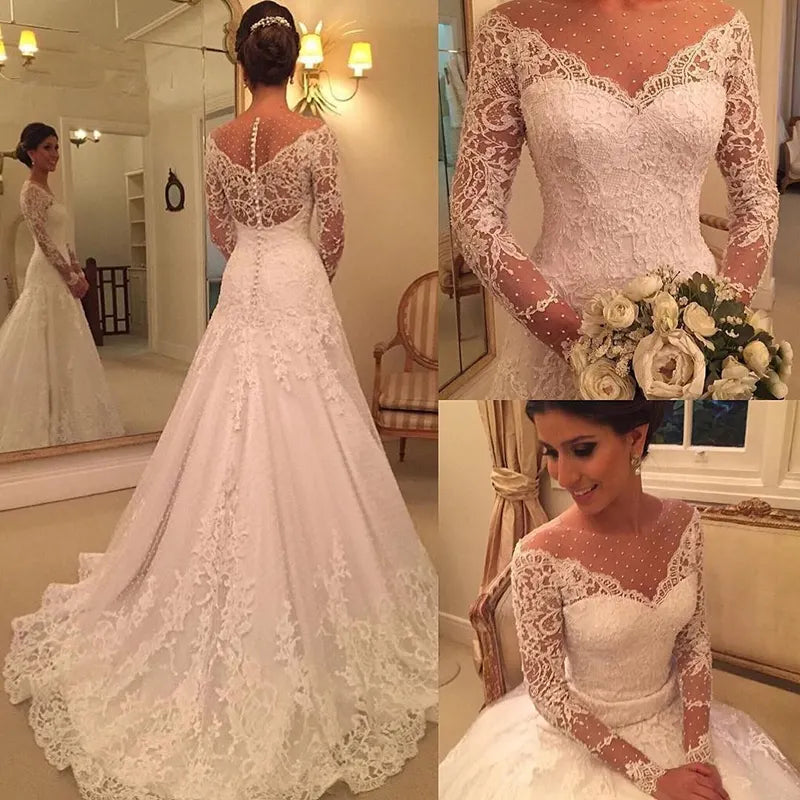 Glamorous Princess Long Sleeves Wedding Dress With Lace Appliques And Pearls
