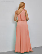 Ruffled One Shoulder Sleeveless Long Bridesmaid Dresses A-line Formal Evening Gown Side Split 28080