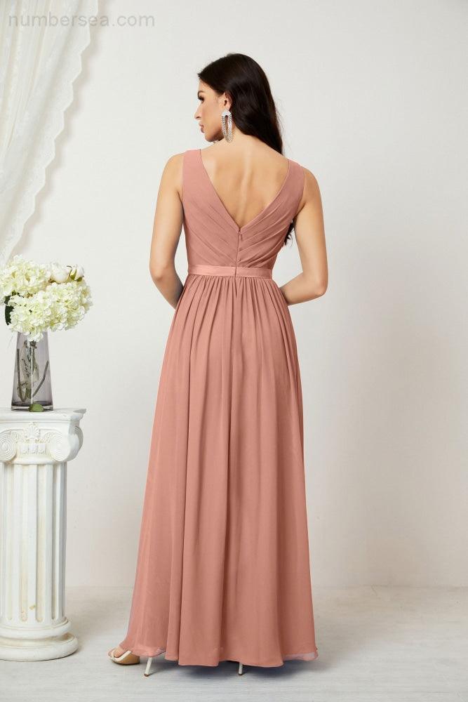 Abiti lunghi da damigella in chiffon da donna, linea a, senza maniche, abito formale da ballo per serata, abiti per festa di ritorno a casa 2808