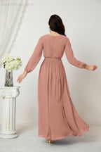 Evening Dresses Deep V-Neck Chiffon Bridesmaid Dresses Long Bishop Sleeve Side Split Formal Dress 2806