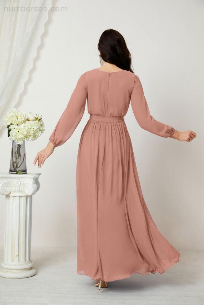Evening Dresses Deep V-Neck Chiffon Bridesmaid Dresses Long Bishop Sleeve Side Split Formal Dress 2806