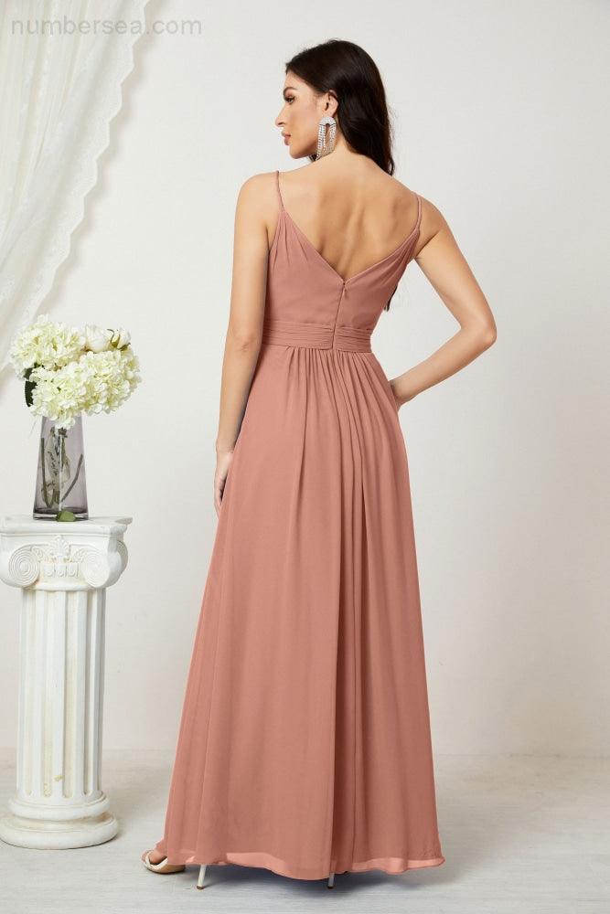 Chiffon V-Neck Bridesmaid Dress Spaghetti Strap Long Formal Party Prom Gowns with Slit 28010