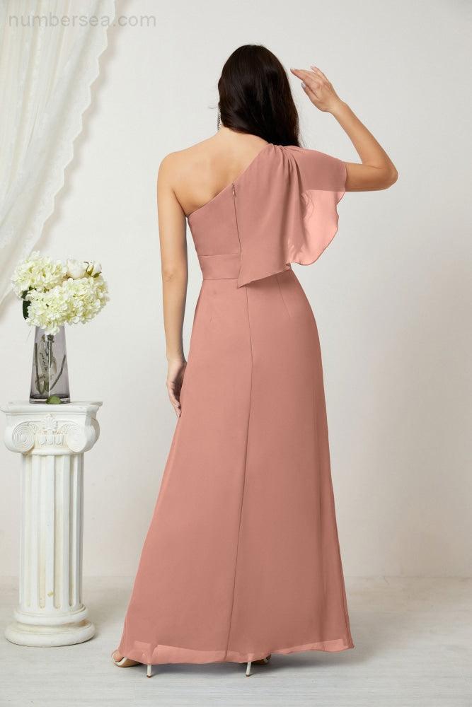 Chiffon Ruffled One Shoulder Long Bridesmaid Dresses A-line Formal Evening Gown Side Split 2809