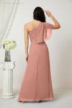 Chiffon Ruffled One Shoulder Long Bridesmaid Dresses A-line Formal Evening Gown Side Split 2809