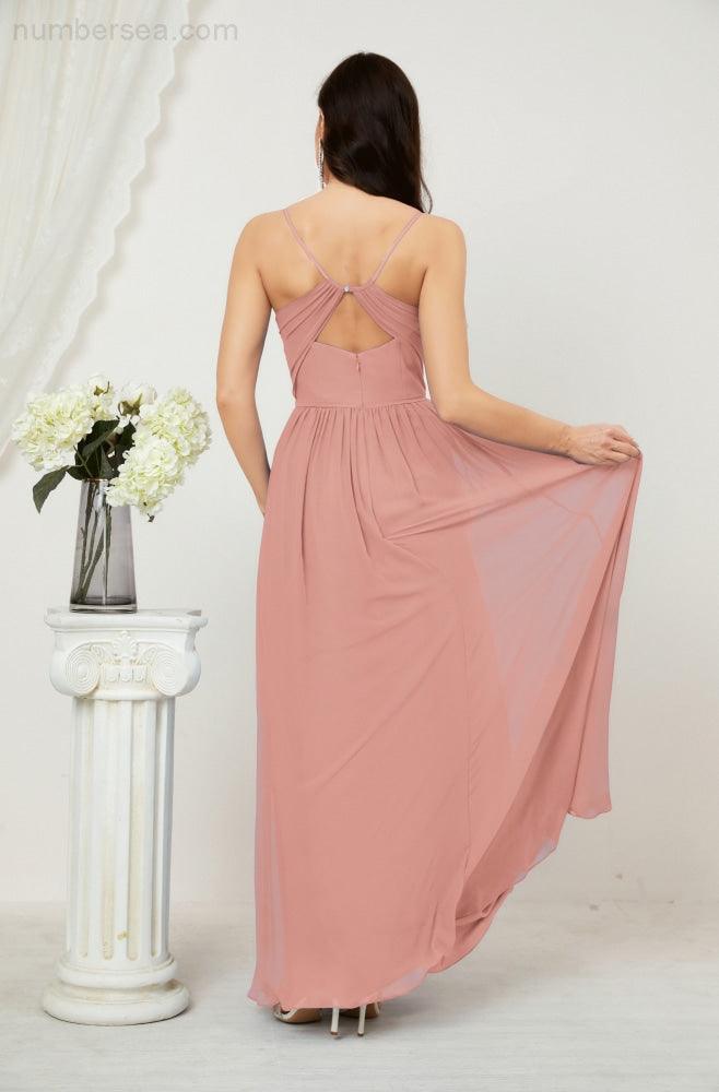 Neck Bridesmaid Dresses Chiffon Long Spaghetti A-line Formal Prom Gown for Wedding Party Evening 2801