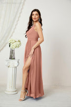 Chiffon V-Neck Bridesmaid Dress Spaghetti Strap Long Formal Party Prom Gowns with Slit 28010