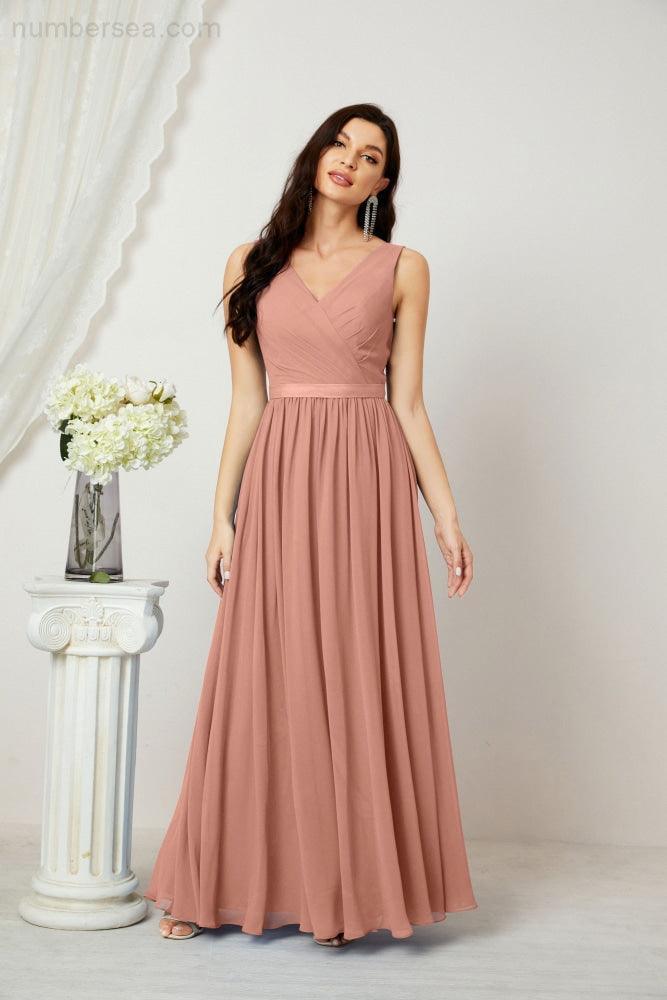 Abiti lunghi da damigella in chiffon da donna, linea a, senza maniche, abito formale da ballo per serata, abiti per festa di ritorno a casa 2808