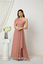 Chiffon Ruffled One Shoulder Long Bridesmaid Dresses A-line Formal Evening Gown Side Split 2809
