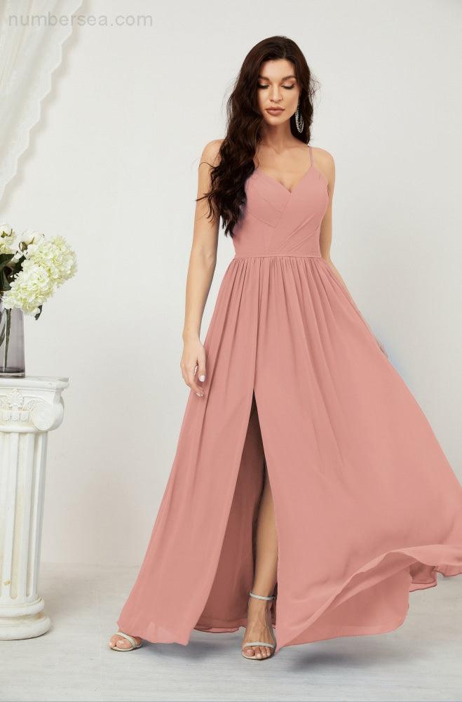 Neck Bridesmaid Dresses Chiffon Long Spaghetti A-line Formal Prom Gown for Wedding Party Evening 2801