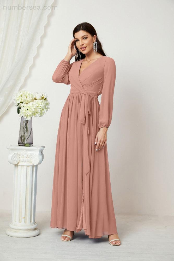 Evening Dresses Deep V-Neck Chiffon Bridesmaid Dresses Long Bishop Sleeve Side Split Formal Dress 2806