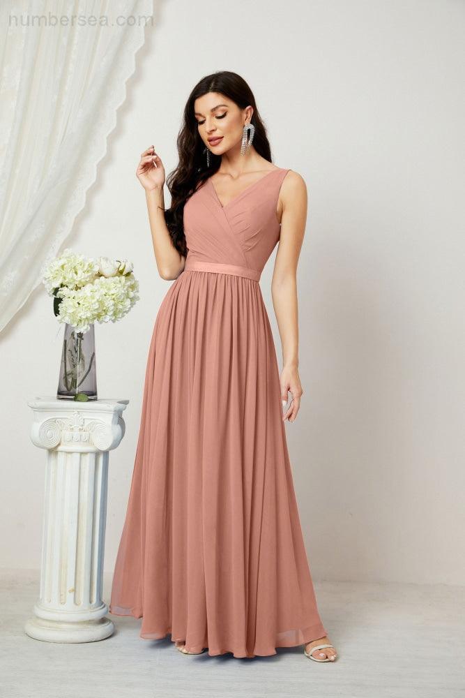 Abiti lunghi da damigella in chiffon da donna, linea a, senza maniche, abito formale da ballo per serata, abiti per festa di ritorno a casa 2808