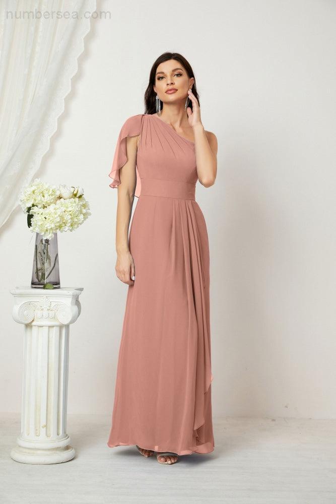Chiffon Ruffled One Shoulder Long Bridesmaid Dresses A-line Formal Evening Gown Side Split 2809