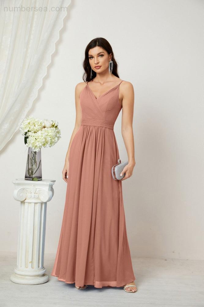 Chiffon V-Neck Bridesmaid Dress Spaghetti Strap Long Formal Party Prom Gowns with Slit 28010