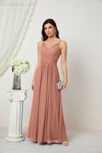 Chiffon V-Neck Bridesmaid Dress Spaghetti Strap Long Formal Party Prom Gowns with Slit 28010