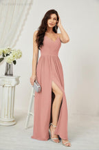 Neck Bridesmaid Dresses Chiffon Long Spaghetti A-line Formal Prom Gown for Wedding Party Evening 2801