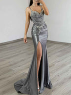 Gold Satin Prom Dress With Beaded Corset Bodice And Side Slit