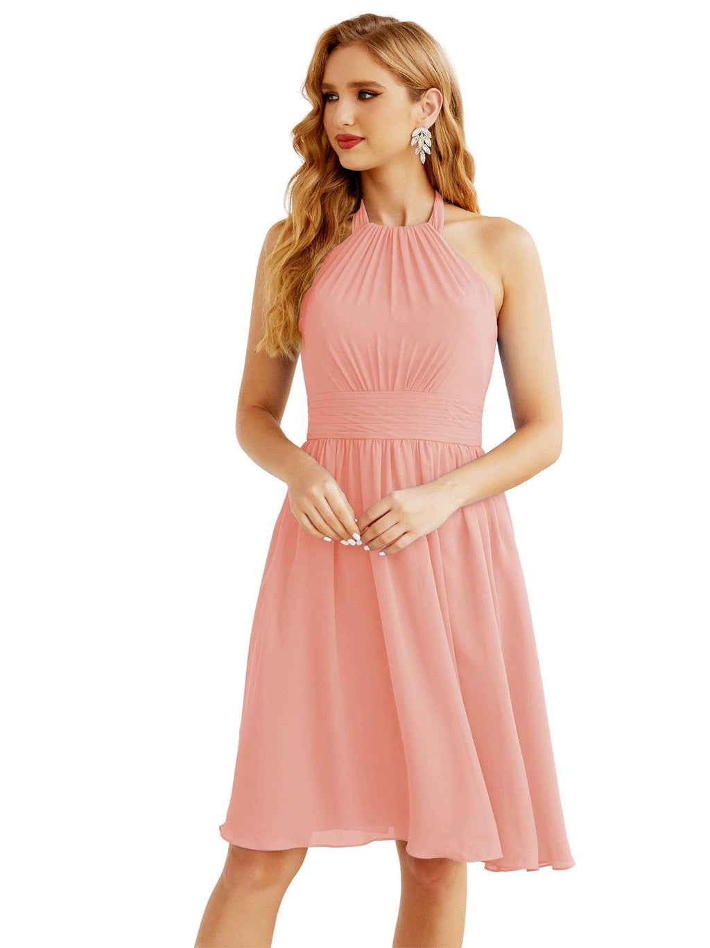Halter Chiffon Bridesmaid Dresses Short Sleeveless Formal Party Dress Open Back 28023