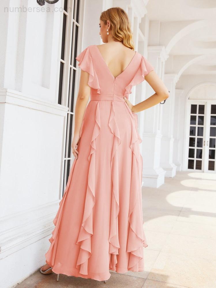Ruffled Bridesmaid Dresses with Sleeves Long Formal Party Dress 28041