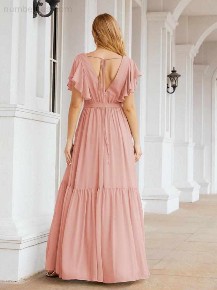 Abiti da sera formali da donna Numbersea con schiena scoperta, scollo a V, lunghi in chiffon, abiti da damigella con cintura in vita 28038