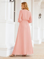 Vestito da damigella d'onore in chiffon da donna Numbersea, linea a trapezio, maniche lunghe, abito lungo formale da sera per ospite di matrimonio 28032