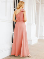 Chiffon Ruffled One Shoulder Sleeveless Long Bride Dresses A-line Formal Evening Gown Side Split 28057
