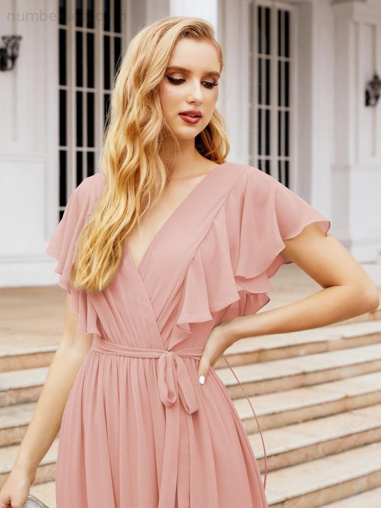 Abiti da sera formali da donna Numbersea con schiena scoperta, scollo a V, lunghi in chiffon, abiti da damigella con cintura in vita 28038