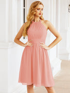 Halter Chiffon Bridesmaid Dresses Short Sleeveless Formal Party Dress Open Back 28023