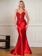Sage Mermaid Satin Long Prom Dress With Spaghetti Straps And Appliques