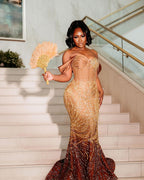 Golden Sunset Ombre Beaded Mermaid Prom Dress With Feather Trim