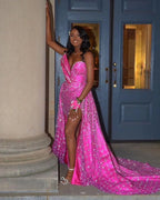 Hot Pink Sequined Prom Dress One Shoulder High Slit Mermaid Gown
