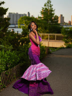 Vestido de baile sereia magenta e roxo real com folho inspirado na herança