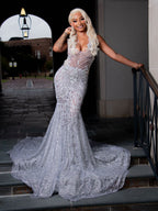 2026 Galactic Mermaid Prom Dress With Illusion Plunging Neckline Cathedral Train