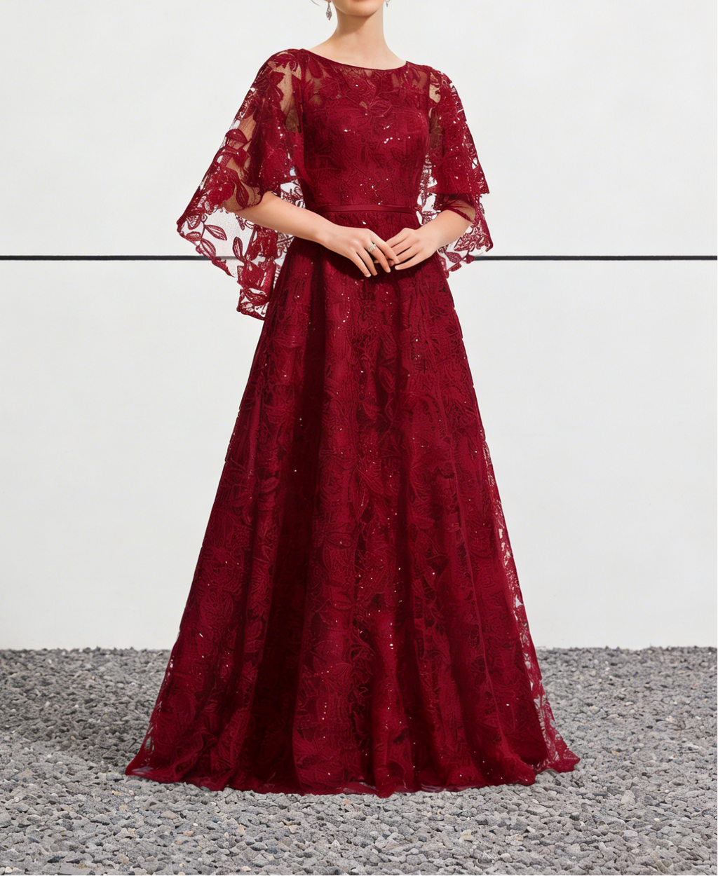 Burgundy Sequin Lace Bell Sleeve Ball Gown Maxi Dress