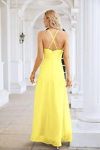 Vestido de Festa Comprido até ao Chão para Damas de Honra, em Chiffon, com Alças Finas, Decote em V e Fenda Frontal, para Baile, Festa e Casamento 28116
