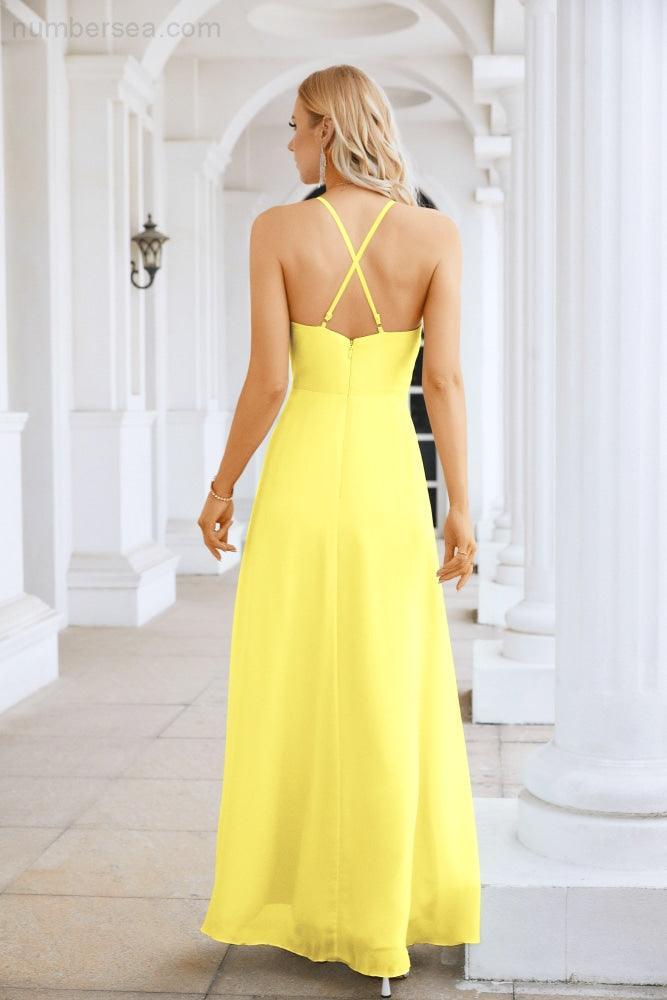 Vestido de Festa Comprido até ao Chão para Damas de Honra, em Chiffon, com Alças Finas, Decote em V e Fenda Frontal, para Baile, Festa e Casamento 28116