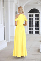 Abito da sera da damigella in chiffon con spalle scoperte, maniche a campana e spacco frontale, abito da festa nuziale 28117