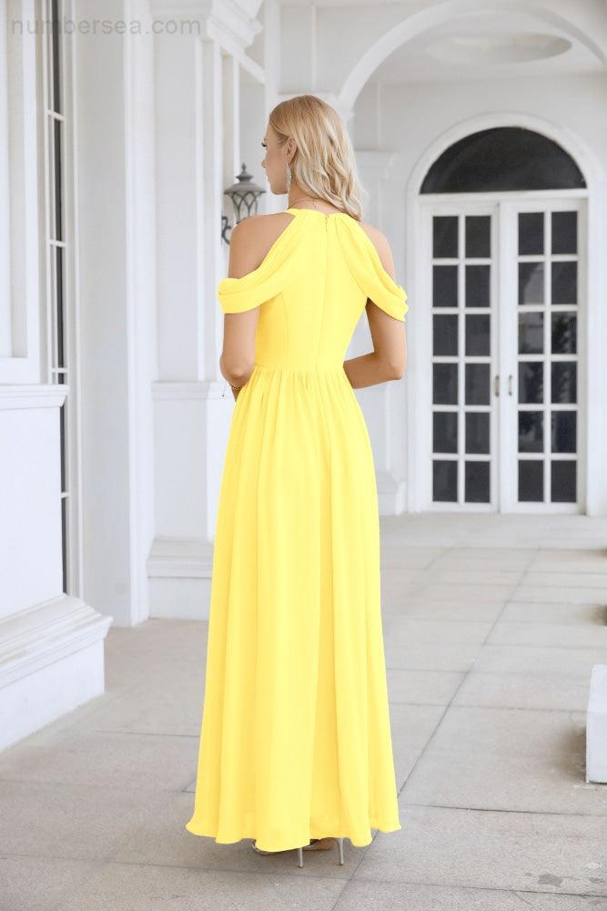 Abito da sera da damigella in chiffon con spalle scoperte, maniche a campana e spacco frontale, abito da festa nuziale 28117