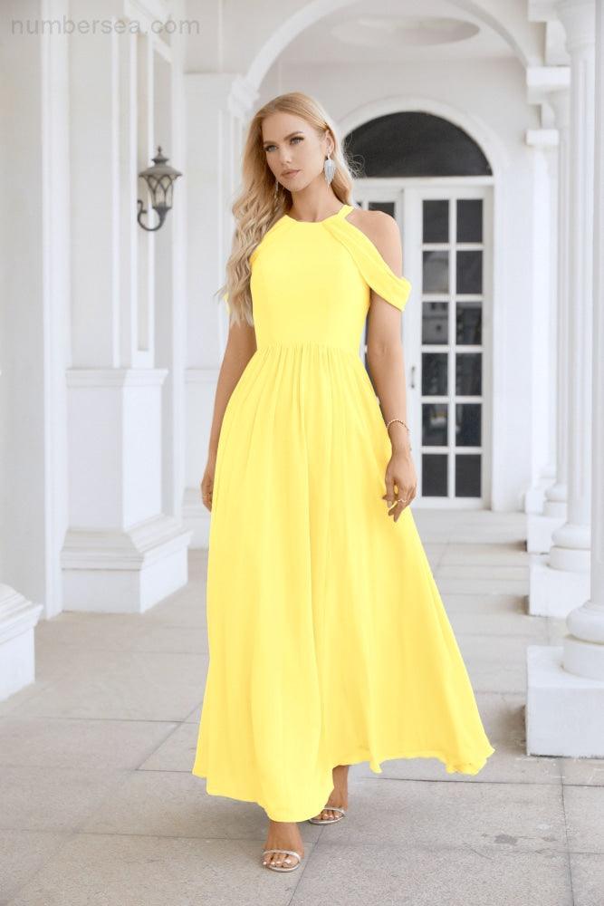 Abito da sera da damigella in chiffon con spalle scoperte, maniche a campana e spacco frontale, abito da festa nuziale 28117