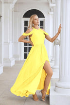 Abito da sera da damigella in chiffon con spalle scoperte, maniche a campana e spacco frontale, abito da festa nuziale 28117