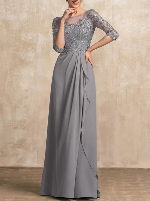A-line Scoop Illusion Floor-Length Chiffon Lace Mother of the Bride Dress With Beading Sequins Cascading Ruffles